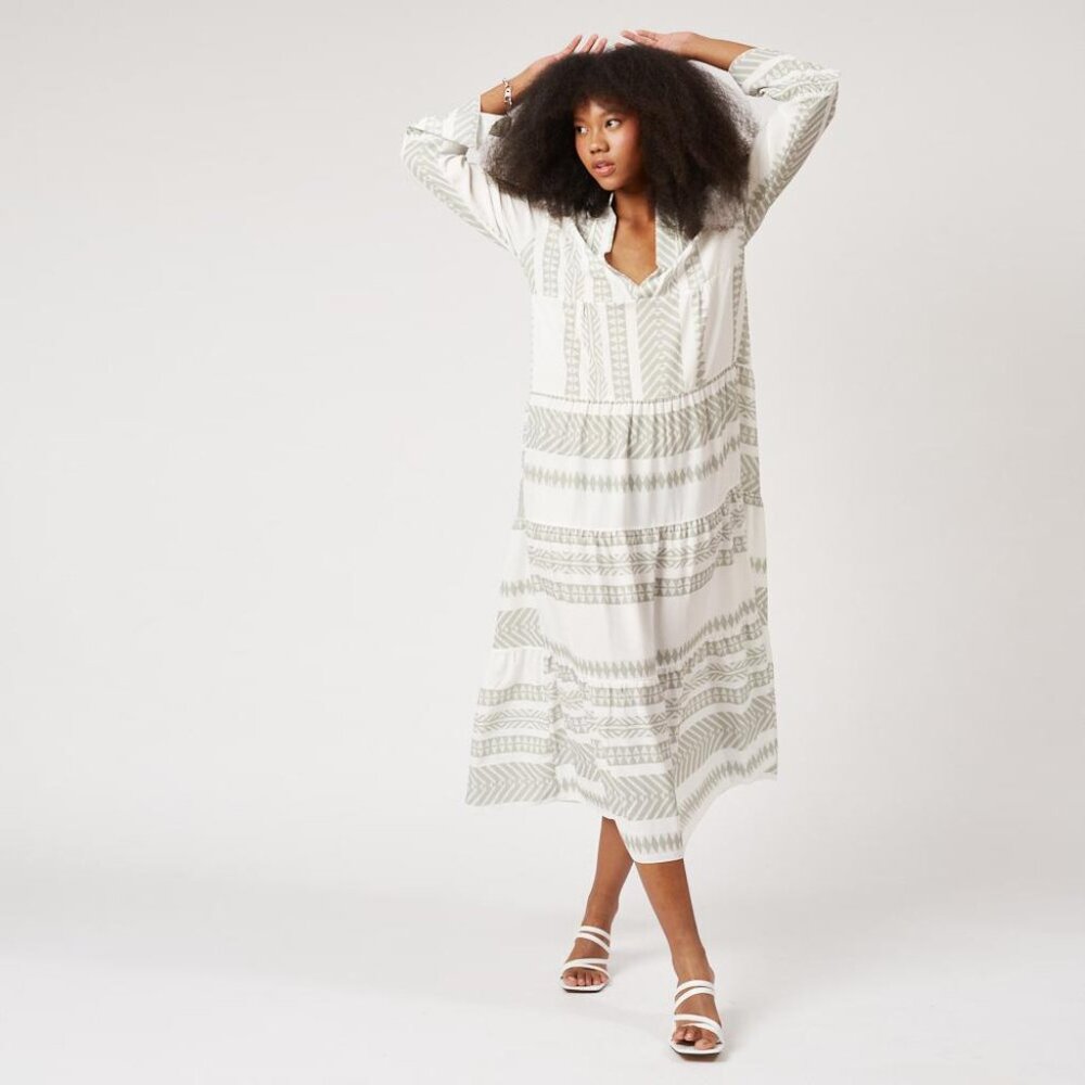 Silk & Salt Summer of Love Sage Green & White Maxi Dress, Long Sleeve, V-Neck - Picture 3 of 9